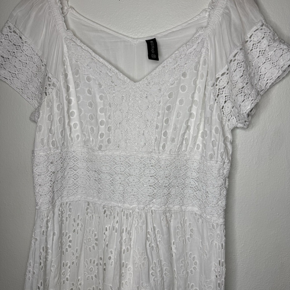 Me 2 Magic White Eyelet Cottagecore Short Sleeve Midi‎ Dress Womens 2X READ